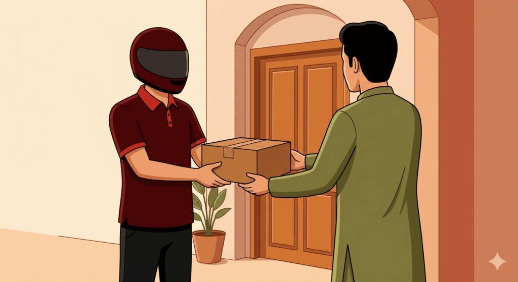 Figure shown from behind in shalwar kameez handing a parcel to a helmeted delivery rider at a Pakistani home gate for door-to-door pickup