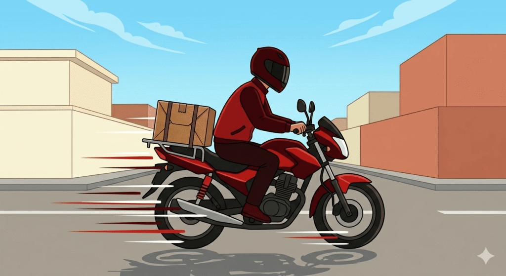 Courier rider with full-face helmet speeding on motorbike through a Faisalabad street for same day delivery
