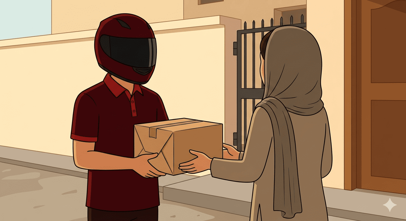 Helmeted delivery rider in deep red uniform picking up a sealed parcel from a residential doorstep in Faisalabad for same day delivery
